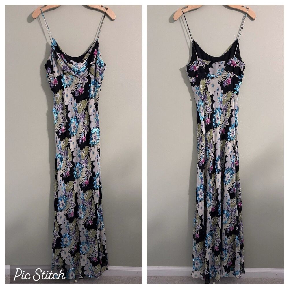 VTG Y2K Nicole Miller 100% Silk Floral Sequin Maxi Dress Gown Prom Whimsy Fairy